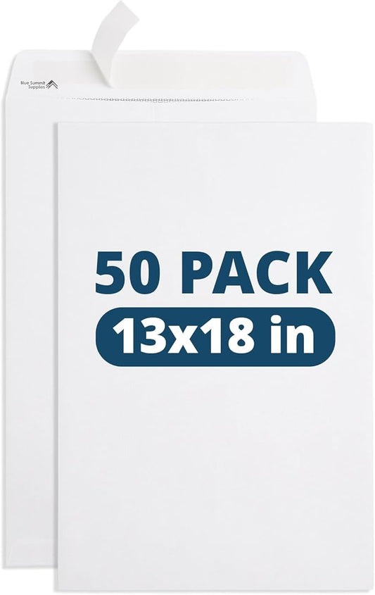 Blue Summit 50 Large Mailing Envelopes 13x18, White 13 x 18 Envelopes, Self Seal Catalog, Security Tinted for Mailing