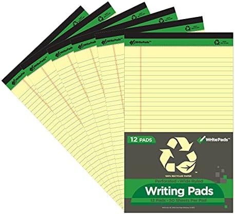 KAISA Yellow Legal Pads Writing Pads Recycled Paper 8.5"x14" Wide Ruled Lined Paper Perforated 50 sheets Hard Back Notepads Large Legal Pad Writing Tablet Canary For Office Supplies (Canary 12pads)
