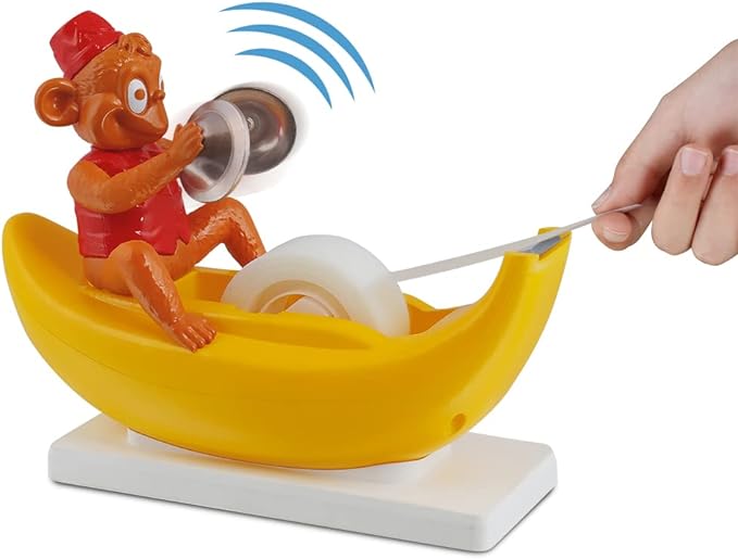 Amazeko Clapping Monkey Tape Dispenser with Cymbals, Fun Animal Desk Decor, 1 in Core, Non-Slip Weighted Banana