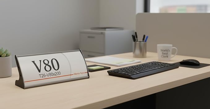 Set of 2, TABLE DESK STAND NAME PLATE SIGN HOLDER FRAME DISPLAY CURVATURE DESIGN SILVER ALUMINUM (80 mm H x 200 mm W)