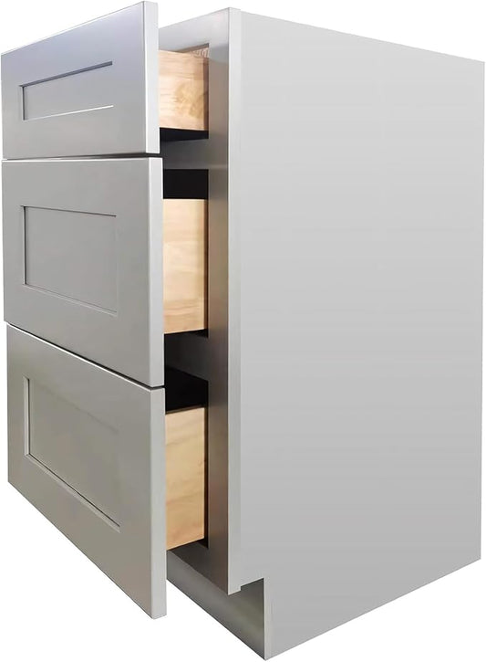 Shaker Style Grey RTA Base Drawer Cabinet by Solid Wood for Kitchen, Bathroom, Bedroom or Office with 3 Drawers and Soft Close(18" W x 24" Depth x 34-1/2" H)