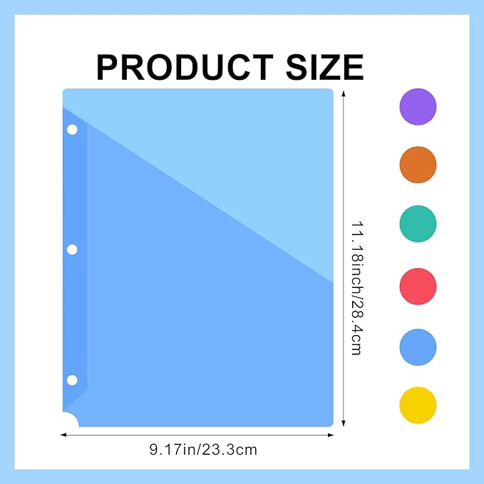 60 Pack Binder Pockets 3 Hole Punch Clear Document Folders 11.18 x 9.17 Inch Binder Organizer with Pockets Slash File Jacket Plastic Document Divider for Office Supplies (Multicolor)