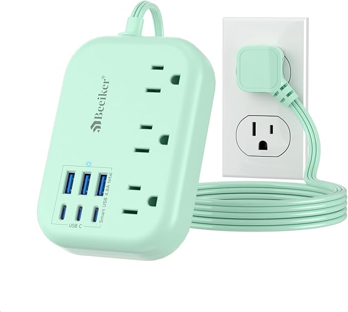 6 USB(3 USB C) Green Travel Power Strip- 5Ft Green Extension Cord with 6 USB Charging Station 24W and 3 Outlets, Cute Desk Accessories for Cruise Travel Kawaii Home Office Dorm Room