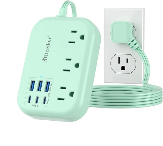 6 USB(3 USB C) Green Travel Power Strip- 5Ft Green Extension Cord with 6 USB Charging Station 24W and 3 Outlets, Cute Desk Accessories for Cruise Travel Kawaii Home Office Dorm Room