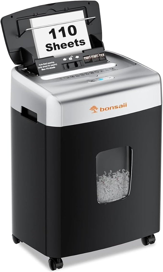 Bonsaii Heavy-Duty Paper Shredder for Home & Office - 110-Sheet Autofeed, Micro Cut, P-4 Security Level, 30-Minute Continuous Shred, 6-Gallon Bin