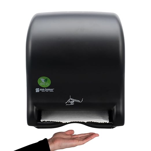 San Jamar Ecologic Smart Essence Recycled Plastic Electronic Paper Towel Dispenser, Universal Roll Capacity, Wall Mounted Dispenser with Zero Waste for Home and Business Universal, Black