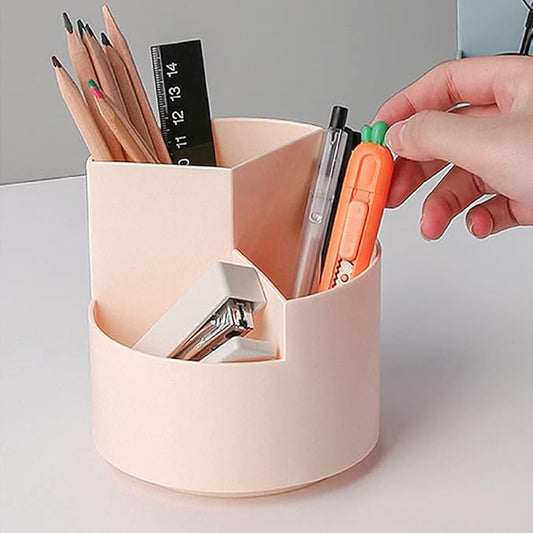 Rotating Pen Holder 3 Compartments, School Supplies Organizer for Pen, Colored Pencil, Art Brushes, Desktop Storage Box in Classroom & Art Studio, Gift for Teachers, Classmates, and Friends ,Pink