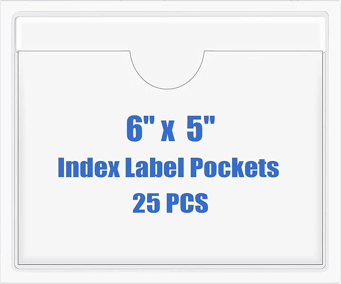 Origin-Joy 25 PCS Self-Adhesive Index Label Pockets, Clear Plastic Peel & Stick Card Holders with Top Open for Loading (6 x 5 inch)