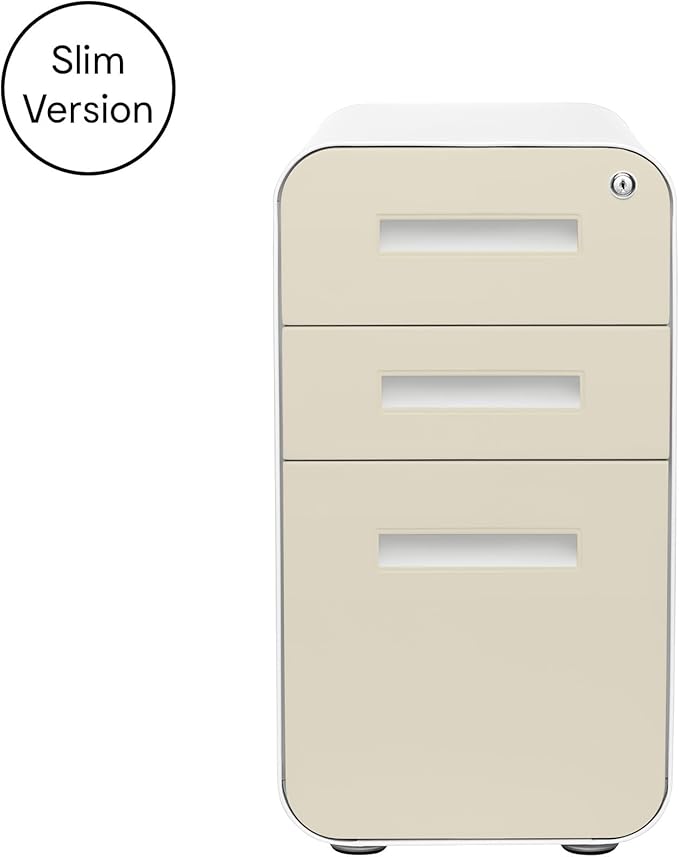 Laura Davidson Furniture Stockpile Slim 3-Drawer Mobile File Cabinet with Lock - Under Desk Metal Filing Cabinet, Legal/Letter File Folders, Wheels & Stationary Feet, Assembled, Ivory Faceplate