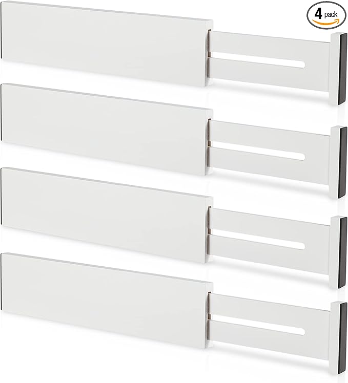 FJO 4 Pack Adjustable Bamboo Drawer Dividers - 11.8" - 17" Expandable Drawer Separators for Kitchen, Utensils, Clothes, Bedroom, Dresser, Bathroom (White)