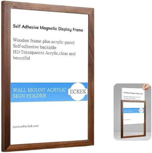 Wall Mount Acrylic Sign Holder Self Adhesive Magnetic Display Frame Clear Document Frame for Office, Store, School, Home, Wall Picture Frame (Walnut A5 148×210mm/5.83×8.27inches)