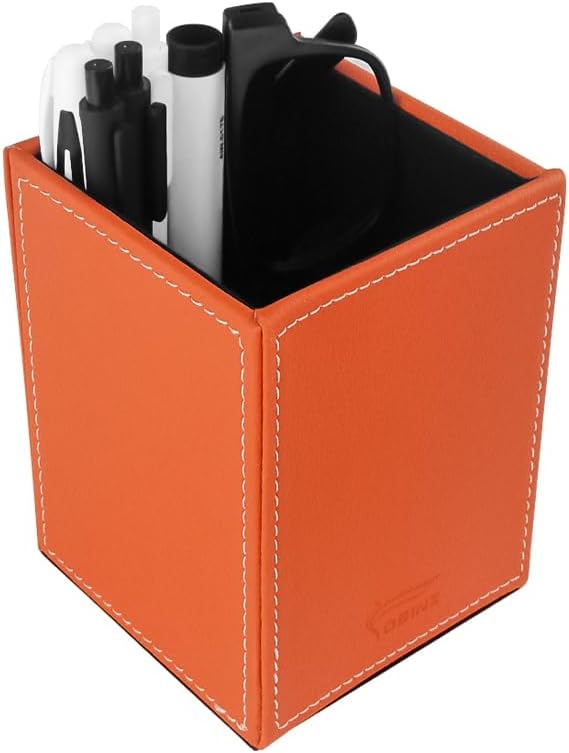 Pen Pencil Holder Cup Container PU Leather Desk Organizer Stand Decor Brush Scissor Holder Decoration Office Desk Home School (Orange, 3.54" x 3.54" x 4.72")