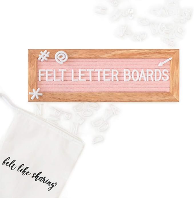Felt Like Sharing Small Letter Board (Light Pink Felt - 10”x3.5”) – Changeable Message Board with 3 Sets of Felt Board Letters – Statement Wall Sign for Quotes, Home or Holiday Decor In Oak Frame