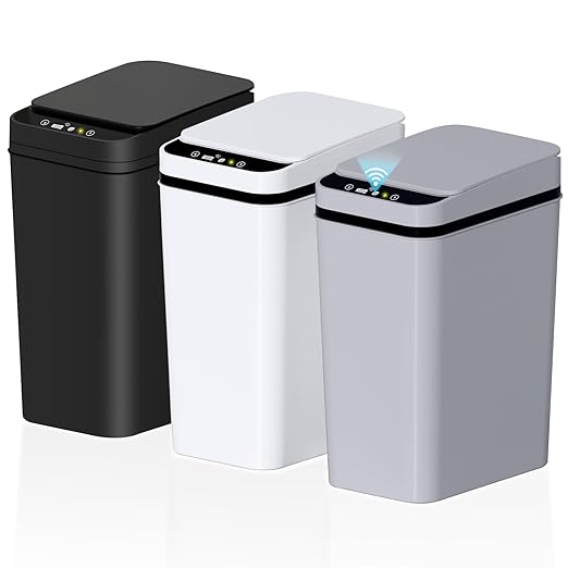 3Pack Bathroom Small Trash Can with Lid, 2.6 Gallon Touchless Automatic Garbage Can Slim Waterproof Motion Sensor Smart Trash Bin for Bedroom, Office, Living Room White/Black/Grey