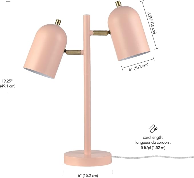 GLOBE Electric 30290 19" 2-Light Desk Lamp, Matte Pink, Brass Accents, 2.1A USB Port, On/Off Rotary Switch on Each Shade, Reading Light, Dorm Room Essentials, Lamps for Living-Room, Office Décor