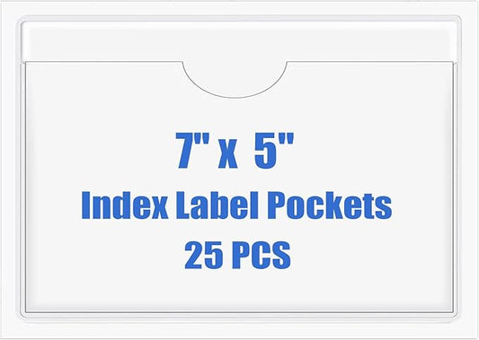 Origin-Joy 25 PCS Self-Adhesive Index Label Pockets, Clear Plastic Peel & Stick Card Holders with Top Open for Loading (7 x 5 inch)