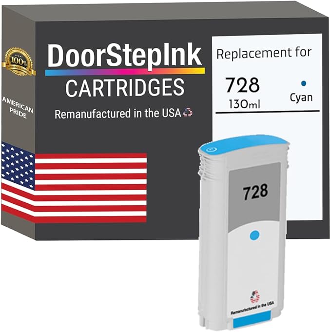 DoorStepInk Remanufactured in The USA Ink Cartridge Replacements for HP 728 130ml Cyan F9J67A for DesignJet T730 36-in, DesignJet T830 24-in, DesignJet T830 36-in