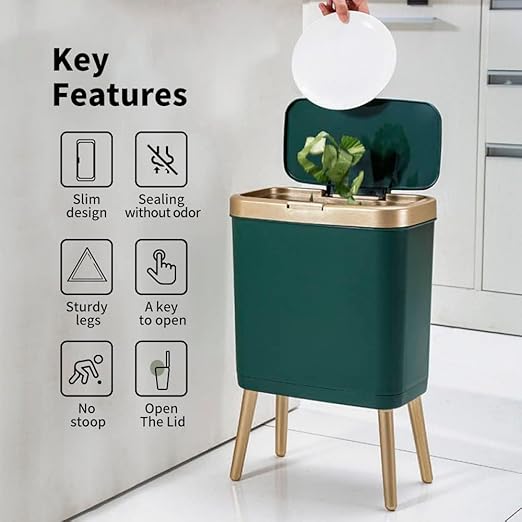 Procade Trash Can with Lid,Small Bathroom Garbage Can with Lid, Plastic Trash Can with Push Button,Narrow Waste Basket for Bedroom,Living Room, Toilet,Office,Kitchen,4 Gal-Gold Edge