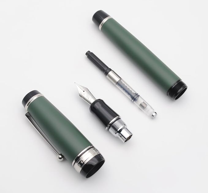Metal Big Fountain Pen Set Medium Nib 0.7mm, Includes Ink Refill Converter, 5 Ink Cartridges & Gift Box (Medium Nib 0.7mm, Matte Green with Silvery Clip)