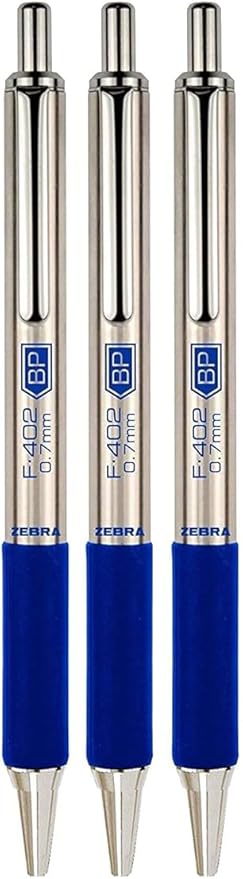 Zebra F-402 Ballpoint Stainless Steel Retractable Pen, Fine Point, 0.7mm, Blue Ink, 3-Count Bundle with Plastic Reusable Pouch