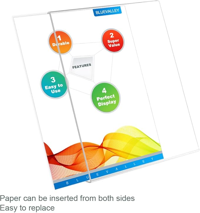 BlueValley Acrylic Sign Holder 8.5 x 11 Table Display Stand – Vertical Clear Plastic Paper Sign Frame for Flyer, Menu, Document – Free Standing Desk Photo Holder for Office, Home, Store, School, 6Pack