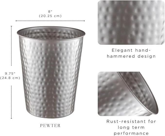 Monarch Abode Pewter Hand Hammered Metal Wastebasket for Home Office Bedroom, Decorative Waste Basket, Modern Bathroom Garbage Can, Durable & Decorative Trash Bin, Pewter Bathroom Trash Can