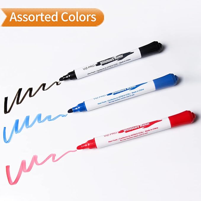 VIZ-PRO Dry Erase Markers, Fine Bullet Tip, 3 Assorted Colors, 12-Count Low-Odor Whiteboard Pens