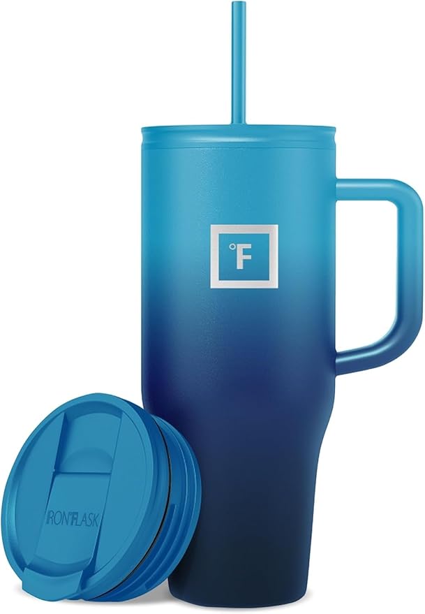 IRON °FLASK Co-Pilot Insulated Mug w/Straw & Flip Cap Lids - Cup Holder Bottle for Hot, Cold Drink - Leak-Proof - Water, Coffee Portable Travel Mug - Dark Night, 32 Oz