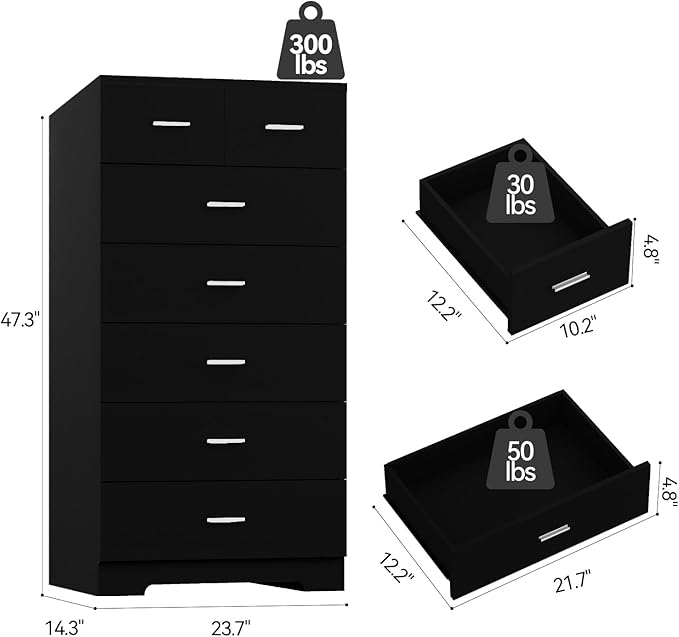 47.3" Tall Dresser for Bedroom Chests of Drawers with Charging Station 7 Drawer Dressers with Metal Slide Rail Modern Wood Closet Organizer with Large Storage for Home Office Entryway