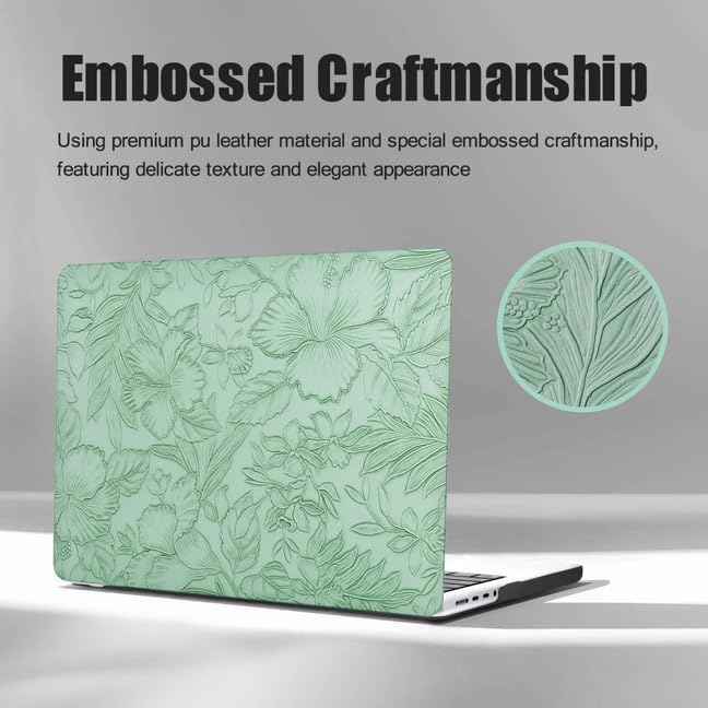 DTangLsm for MacBook Air 13 inch Case 2025 2024-2022 Release M4 A3240 M3 A3113 M2 A2681, Retro Leather Hard Shell Elegant Textured Case for MacBook Air 13.6 inch+Keyboard Cover, Green Embossed Floral