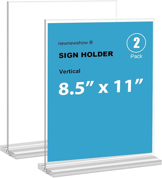 newnewshow 8.5x11 Clear Acrylic Sign Holder, Display Stand, Plastic Card Holder for Business, Office, Retail (2 Pack 8.5x11)