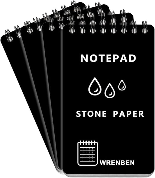 Stone Paper Waterproof Top Spiral Notepad Weatherproof Steno Pads 3" x 5" Pocket Notebooks, Universal Graph Pattern, 4 Pack 400 Pages for Field Travel Adventure (3" x 5", Black)