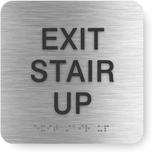 ADA EXIT STAIR UP braille sign, 6” x 6”, ADA Compliant Stair Exit Identification Sign for Building or Business, Many Colors Choices, Made in USA (Brushed Aluminum)