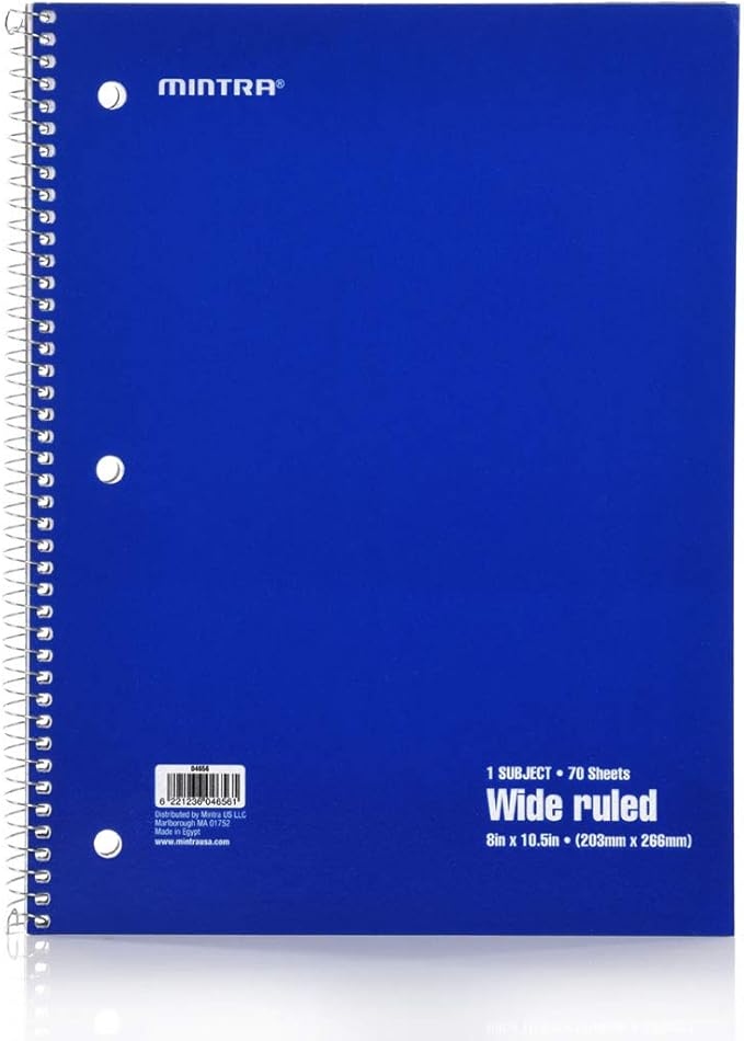 Mintra Office Spiral Notebooks - 1 Subject, 70 Sheets, WIDE Ruled, 8in x 10in, Bulk Pack, Primary Color Covers, Set of 6 - for School, Office, Business, Professional (04656)