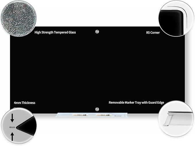 Magnetic Glass Whiteboard, Black Glass Dry Erase Board 6' x 3', Large White Board Frameless for Office Home & School Wall with Magnets, Eraser, Markers