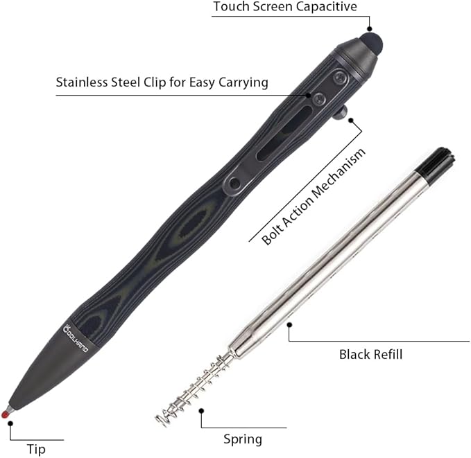 Cool Hand 5.7'' Bolt Action Pens, EDC Ballpoint Ink Refillable, Stylus for Touch Screen, G10 Body w/Pocket Clip, Ergonomic Grip, with a Free Refill, 5375-G