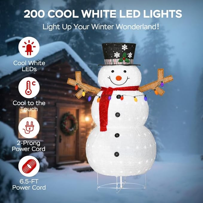 5ft Lighted Pop-up Snowman Outdoor Christmas Lawn Decor, 60" Large 3D Snowman Holiday Decoration with White 200 LEDs for Lawn, Yard, Garden