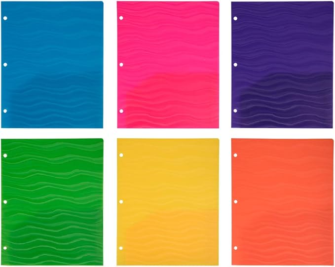 JAM PAPER Heavy Duty Plastic 3 Hole Punch Pocket Folders - Extra Tough School Folders - Assorted Wave Colors - 6/Pack