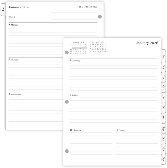 newestor 2026 Weekly Planner Refills for 3-Ring Binder with Monthly Tabs, Two Pages Per Week, 8-1/2" x 11", Folio Size 5 / Monarch