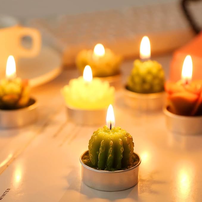 12pcs Cactus Tealight Candles Handmade Delicate Succulent Tea Lights Candle Perfect for Birthday Party Wedding Spa Home Decor Gifts (12pcs Cactus Candles)