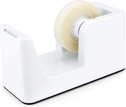 ABEL SimpleWork Desktop Tape Dispenser, White, 1 in Core, Non-Skid Weighted Base, Tape Cutter for Office, Home, School, and Crafts