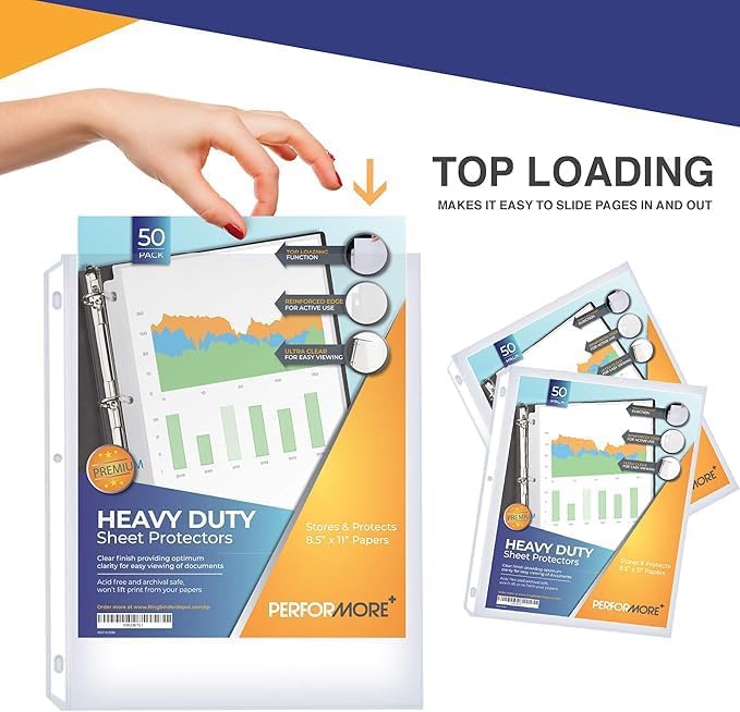 Performore 50 Sheet Protectors, Heavy Duty 8.5 X 11 Inch Clear Page for 3 Ring Binder, Plastic Sheet Sleeves, Durable Top Loading Paper Protector with Reinforced Holes, Archival Safe