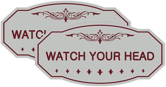 Signs ByLITA Victorian Watch Your Head Sign (Light Grey/Burgundy) - Medium 2 Pack