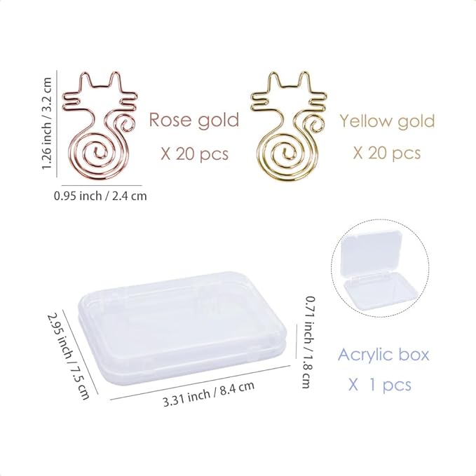 OWLFAVO 40pcs Cat Shape Paper Clips with Clear Box, Rose Gold and Yellow Gold, Funny Cute Paperclips Bookmarks Planner Clips for Fun Office Supplies School Gifts Wedding Decoration