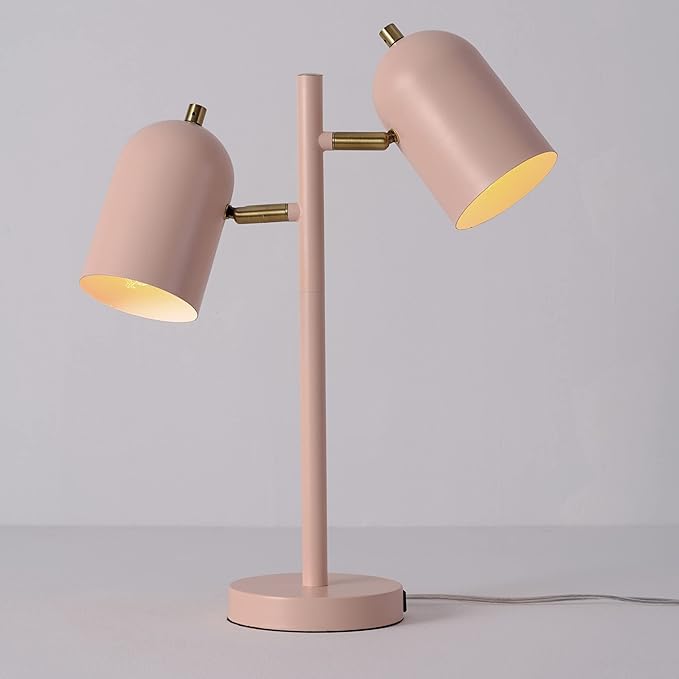 GLOBE Electric 30290 19" 2-Light Desk Lamp, Matte Pink, Brass Accents, 2.1A USB Port, On/Off Rotary Switch on Each Shade, Reading Light, Dorm Room Essentials, Lamps for Living-Room, Office Décor