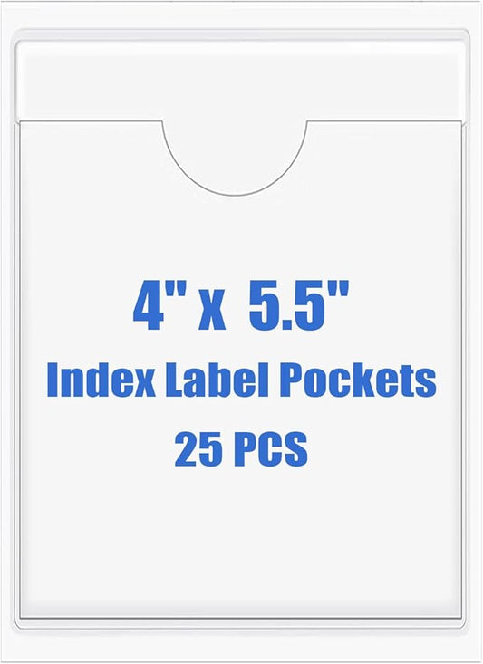 Origin-Joy 25 PCS Self-Adhesive Index Label Pockets, Clear Plastic Peel & Stick Card Holders with Top Open for Loading (4 x 5.5 inch)