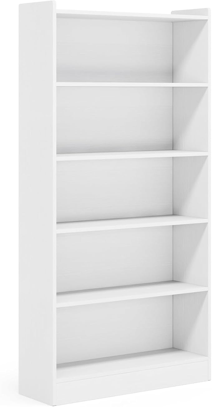 72" Rectangle Wooden Bookshelf with 5 Tier Bookshelf, Large Bookcase for Home Offices and Living Rooms with Storage Shelves, Display Shelves, White