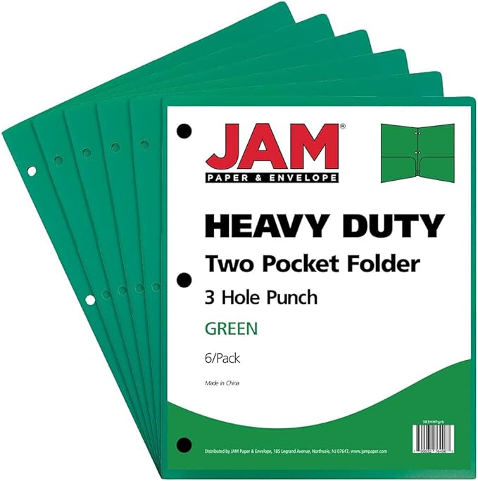 JAM PAPER Heavy Duty Plastic 3 Hole Punch Pocket Folders - Extra Tough School Folders - Green - 6/Pack