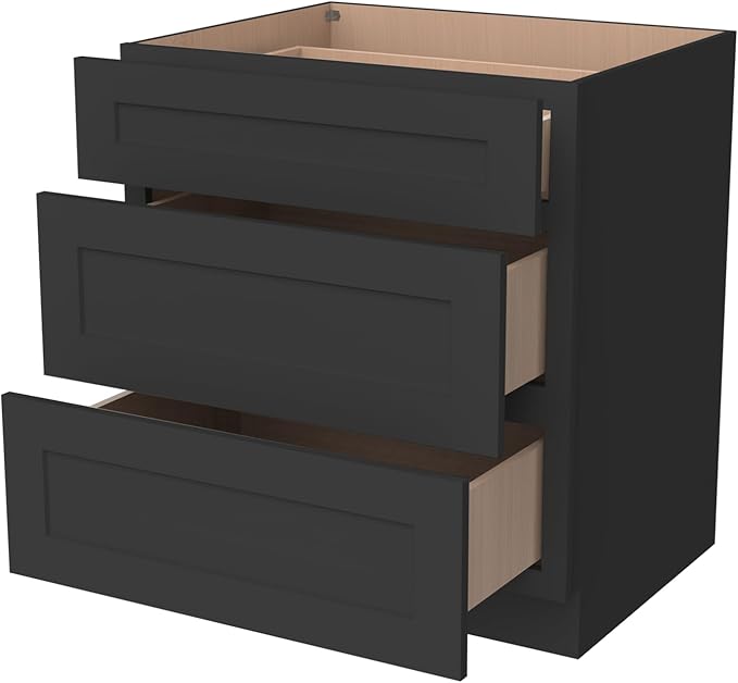Shaker Style Charcoal Black RTA Base Cabinet with Drawers - Solid Wood 3-Drawer Design with Soft Close, 24" W x 24" D x 34.5" H, Perfect for Standalone Use or Kitchen Cabinet Combinations