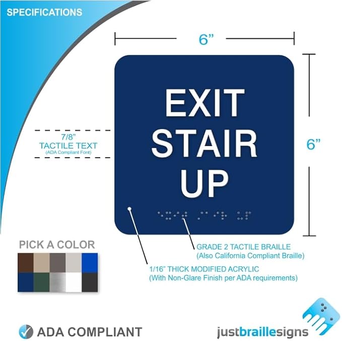 ADA EXIT STAIR UP braille sign, 6” x 6”, ADA Compliant Stair Exit Identification Sign for Building or Business, Many Colors Choices, Made in USA (Cement)
